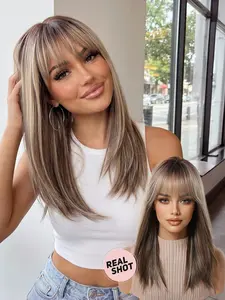 16-Inch Curly Wig with Bangs, Layered Design, Overdyed Crown, Synthetic Hair for Women, Daily or Party Use, All Seasons