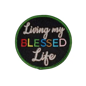 Patch Party Club, 1-pc "Living my Blessed Life" Circular Badge, Iron on Embroidered Patch, Positive Applique, Cool Patch for Clothing, Size 3", DIY, Crafts