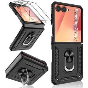 Gritup for Military-Grade Samsung Galaxy Z Flip 7 Case, with 2 Pcs Outer Screen Protector,Built-in Magnetic Kickstand,TPU+PC Dual Layer Shockproof, Anti-Slip Textured Back,Z Flip7-Black