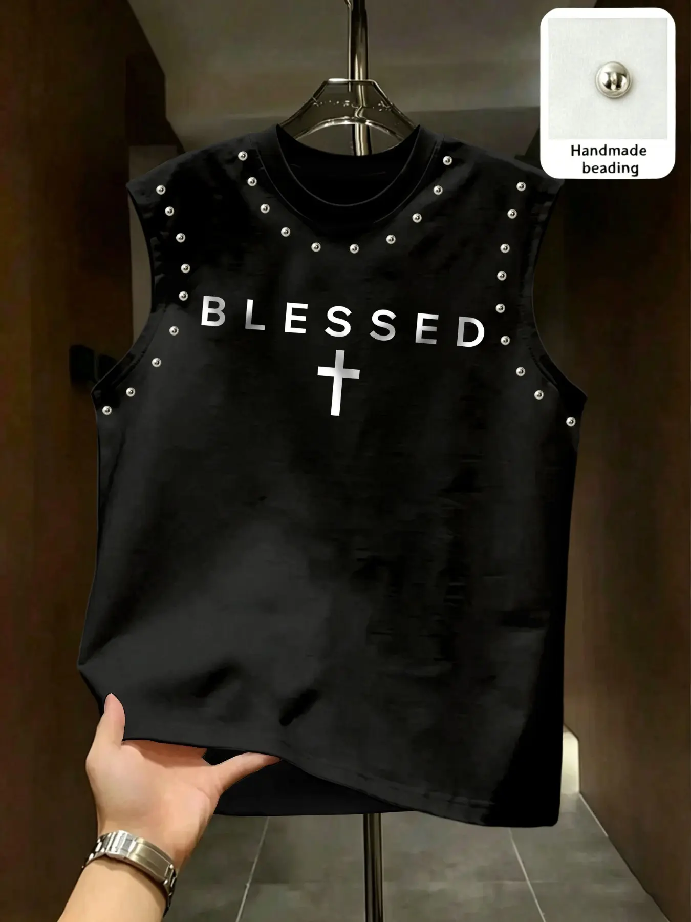 American Street Style Vintage Cross Logo Sleeveless T-Shirt, Handmade Rhinestone Decoration, Men's Daily/Casual/streetwear Aesthetic Tank Top, Loose-Fit