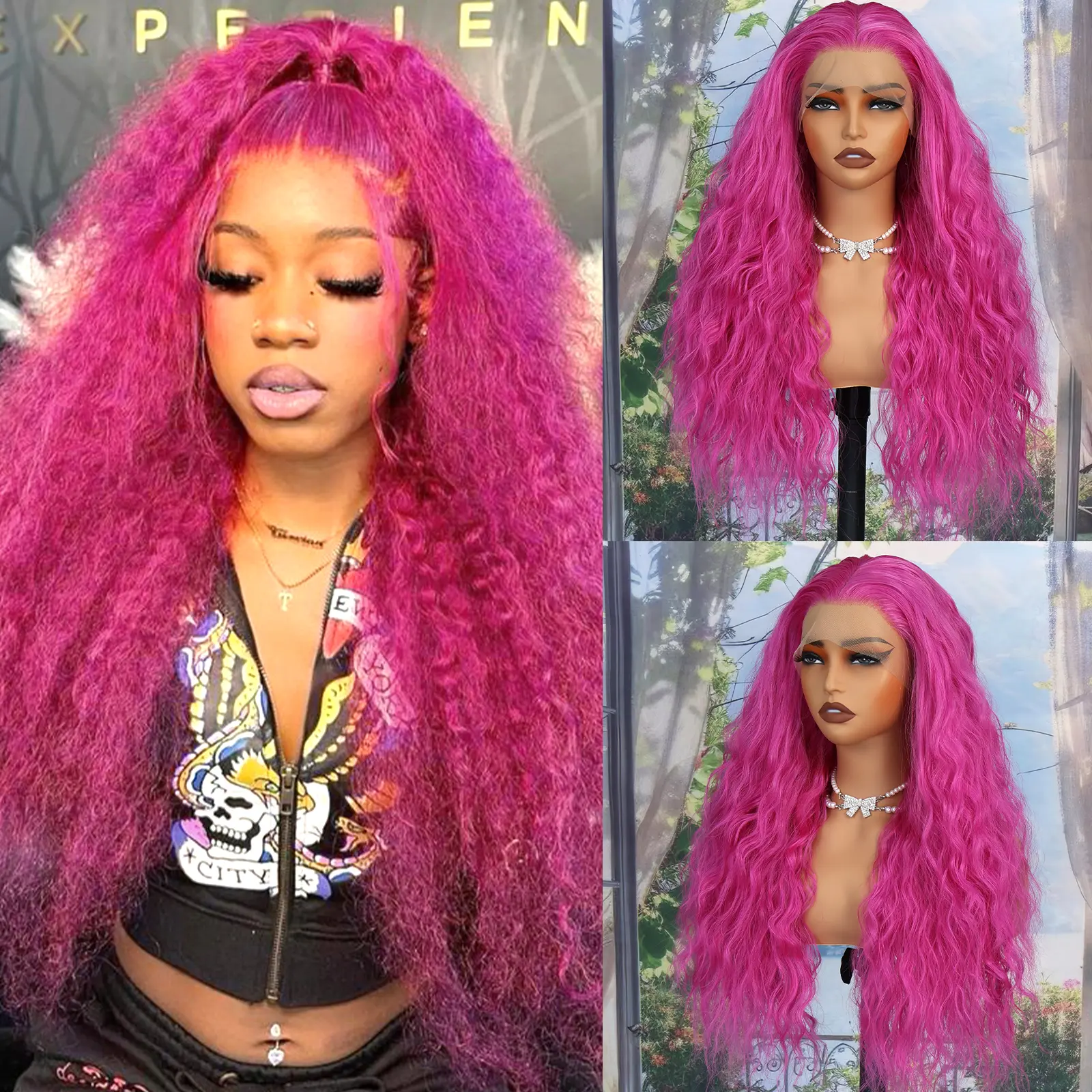 24-Inch Heat Resistant Stylist Friendly Synthetic Lace Front Wig, Bright Hot Pink & Long Blonde Water Wave Curly Wig with Realistic Hairline for Party Use, Stylist Friendly Wig