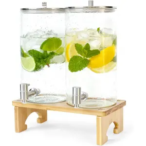 2 Pack 1.5 Gallon Drink dispenser with Stand,Glass Beverage Dispenser With Wood Stand, 18/8 Stainless Steel Spigot and Labels Large Water Drink Dispensers for Parties, Lemonade,Juice, Tea