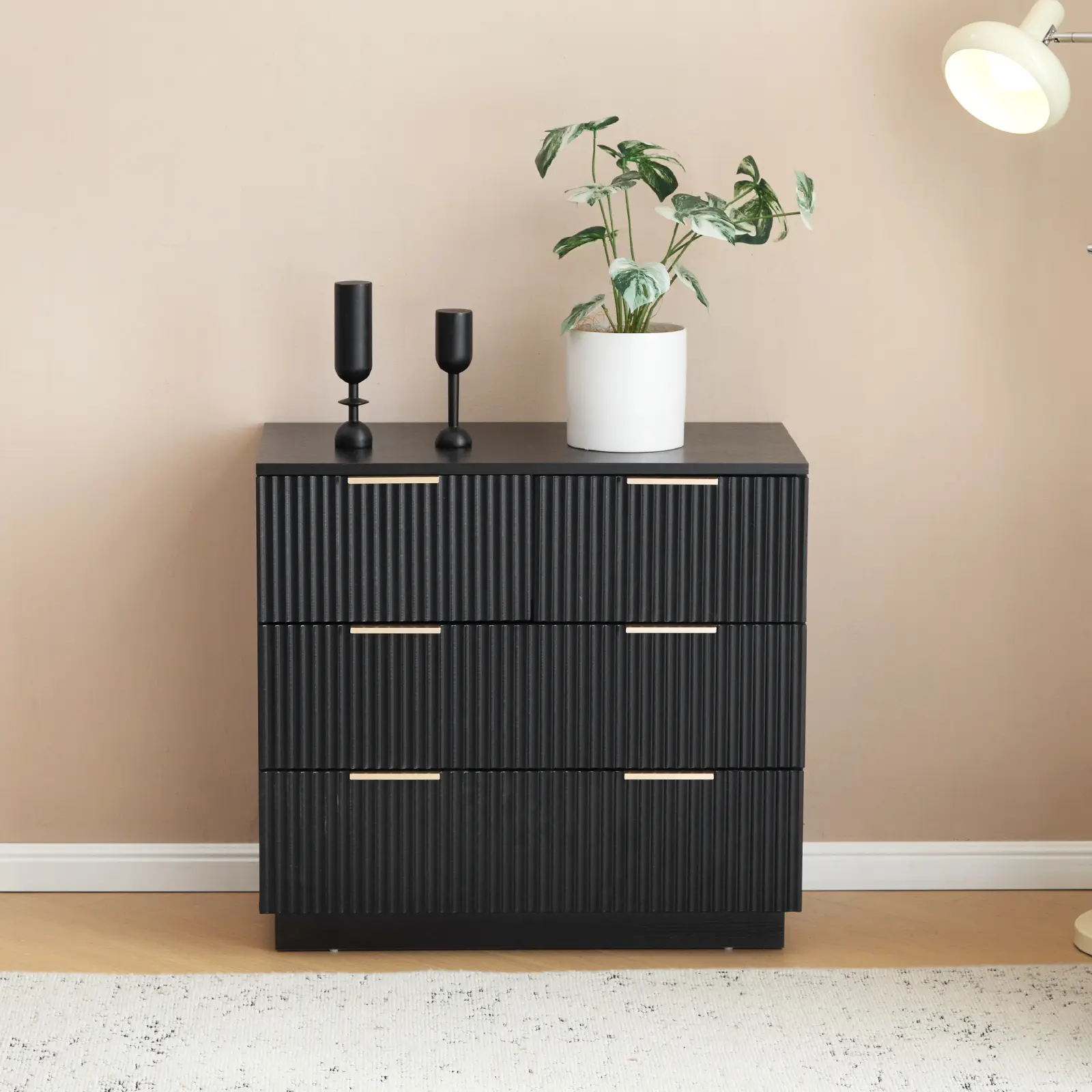 Black P2 Particle Board and Density Board Wavy Pattern Drawer Front Three-Level Four-Drawer Bedside Cabinet