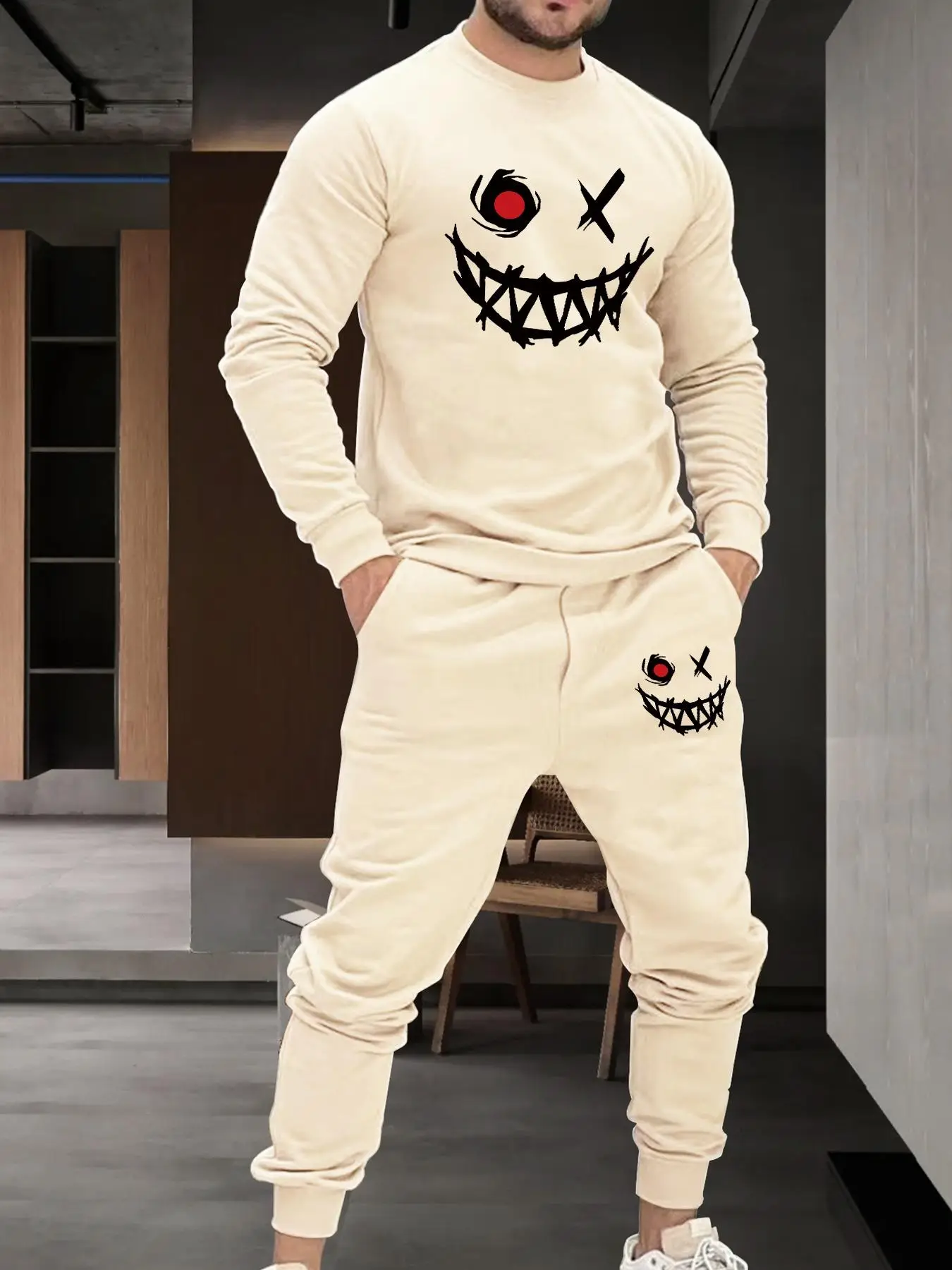 Men's Halloween Themed Cartoon Face Print Sweatshirt & Drawstring Waist Sweatpants Set, Regular Fit Drop Shoulder Long Sleeve Top & Jogger Pants Set,