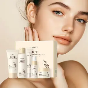 LAIKOU Rice Skincare Set, Skin Care Kit, Contain Toner 3.38fl.oz, Cleanser 1.76oz, Moisturizing Cream 1.06oz, Eye Cream 0.71oz, Serum 0.53fl.oz, with Niacinamide & Hyaluronic Acid, Gift for Christmas, Valentines Day, Birthday for Friends Wife Mother