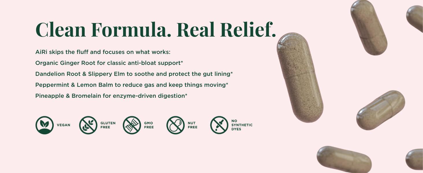 Vital Source Nutrition - AiRi - Debloat Support Capsules - Natural Digestive Blend with Enzymes & Herbal Extracts - Supports Gut Balance & Digestive Comfort - Supplements for Women - 30 Servings