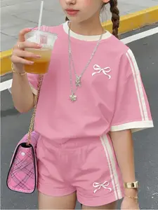 Teen Girls Casual Bow Tie Striped Short Sleeve Round Neck T-Shirt and Shorts Set, Summer Fall Fashion, Comfortable Layered