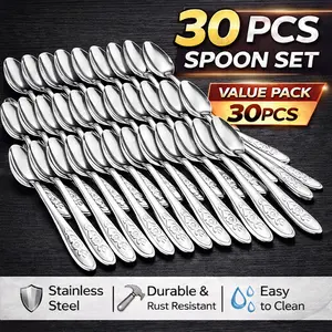 30PCS/10PCS Stainless Steel Spoon Set, Dessert Spoons, Cutlery Set, Household And Commercial Use, Ideal for Gifting, Watermelon And Fruit Scooping, High-End Restaurant Quality, Perfect for Mother'S Day, Easter, And Other Party Gatherings Tableware