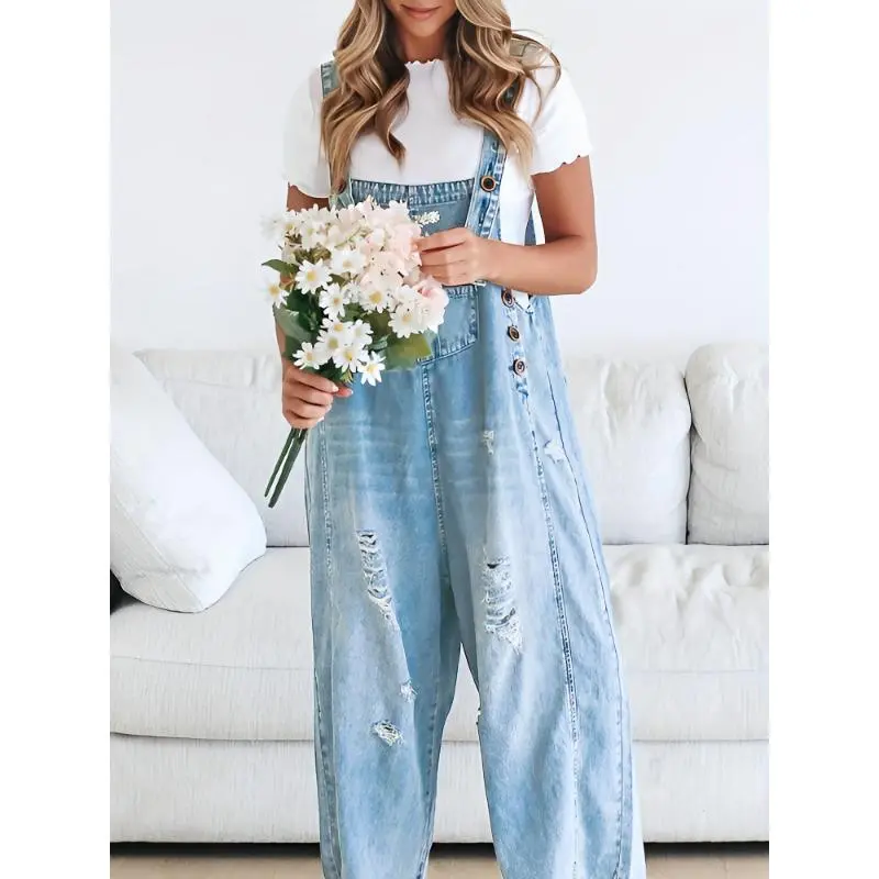 [Distressed Denim Overalls] Loose Fit Denim Overalls - Women's Casual Adjustable Strap Distressed Bib Jeans Jumpsuits With Pocket