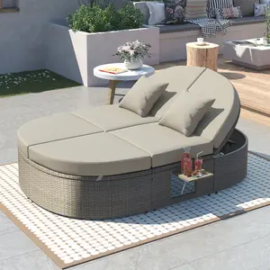 Daybed Outdoor Sun Bed Patio 2-Person Daybed with Cushions and Pillows, Rattan Garden Reclining Chaise Lounge with Adjustable Backrests and Foldable Cup Trays for Lawn,Poolside