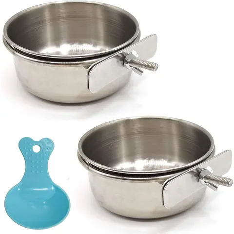 2 Pcs Bird Feeding Dish Cups with Spoon,Parrot Food Bowl Clamp Holder Set,Stainless Steel Coop Cup,Bird Cage Water Bowl for Parakeet African Greys Conure Cockatiels Lovebird Budgie Chinchilla,Hand Tools Kits