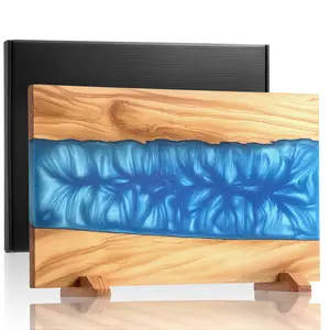 Annie & Mia Design Blue Epoxy Resin Magnetic Knife Holder Block Made of Premium Olive Wood without Knives Decorative Kitchen Knife Block Resin River Design, Wooden Knife Block Strong Magnets