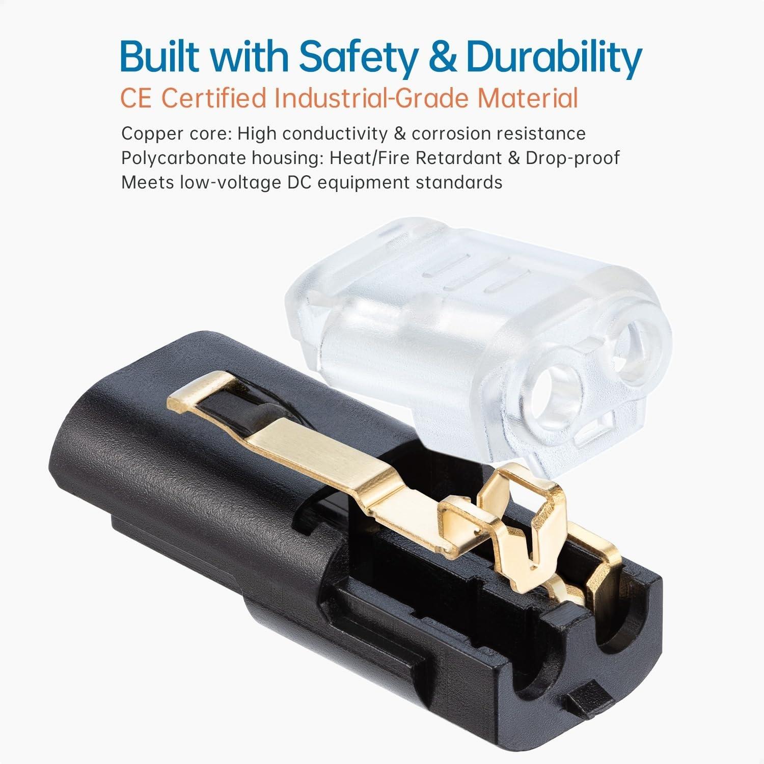 100pcs Quick Clip Fasteners Wire Connector, Plug-in Cable Quick Connectors with Locking Buckle, Double-Wire Snap on Blocks for Low-Voltage 18-22AWG Cable LED Strips DIY Craft- Black