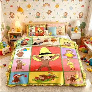 Curious George Monkey Cartoon Blanket Lightweight Flannel Throw Ideal for Sofa Bed Travel Camping Living Room Office Bench Chair Kids & Adults Blanket AC Blanket Cute Vintage Aesthetic Father's Day Gift Summer Travel Essentials