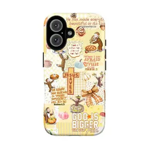 Cute Christian Jesus & Curious George Monkey Collage Case for iPhone 11-16 Pro Max, Bible Verse Cartoon, Shockproof Protective Phone Case, Gift for Girls & Women
