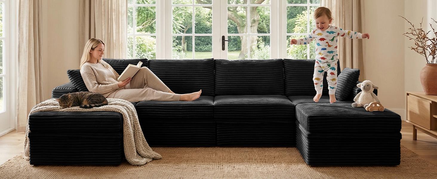 【3 Packages Shipping】NABUMI 142" Modular Sectional Sofa with Storage, Oversized U-Shaped Cloud Couch with Ottoman, 27" Deep Seat Memory Foam Corduroy  6 Seater U Shaped Couch, Free Combination, Tool-Free Assembly, Black BeigeDark Gray Green