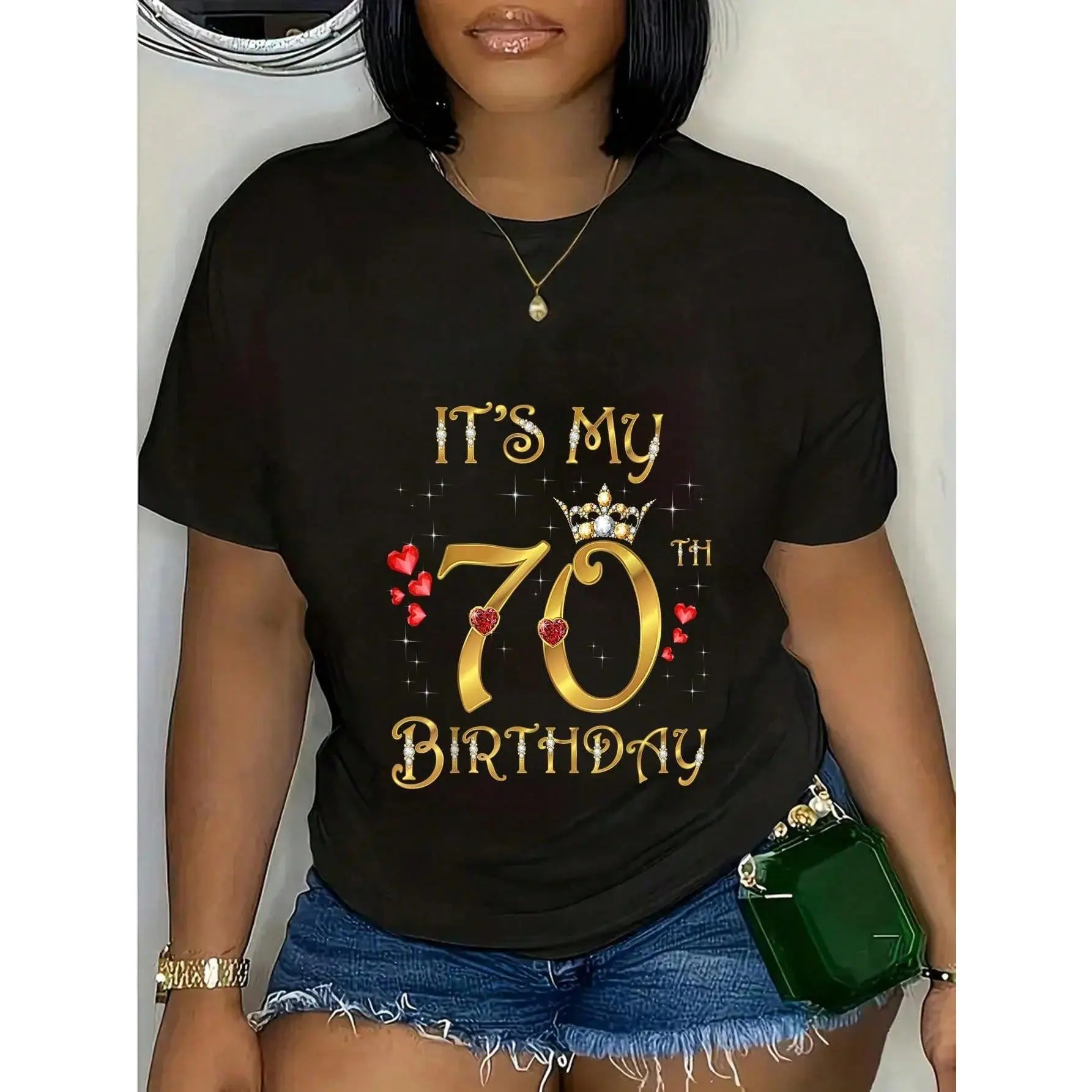 100% Cotton It's My 70th Birthday 70 Years Old 70th Birthday Queen T-Shirt Casual Short Sleeve Shirt Summer, Cotton, Casual, Short Sleeve, Graphic Tee, Soft, Breathable, Loose Fit, Streetwear, Daily Wear, T-Shirtt