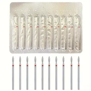 10pcs Diamond Cuticle Drill Bits, Flame Design for 3/32'' Electric Nail Files - Odorless, Precision Manicure & Pedicure Tools with Red Accents