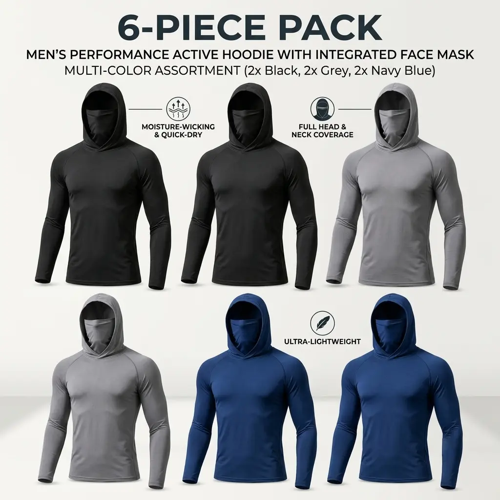 Unisex 6 Pack Outdoor Performance Hooded Shirts, Sun Protection Tops with Attached Face Cover, Quick Dry Breathable Long Sleeve Compression Activewear, Lightweight Cooling Hoodie for Fishing, Construction and Adventure Activities