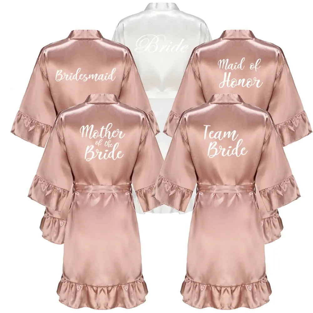 New Satin Bridesmaid Wedding Party Team Bride Robe With White Letters Ruffle Kimono Satin Pajamas Mother Bathrobe Rose Gold