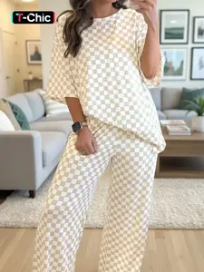 Checkered Color Block Printed Short Sleeve Round Neck T-Shirt and Home Pants Set, Comfortable Two-Piece Loungewear for Relaxation and Leisure