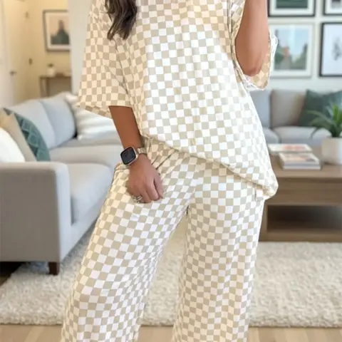 Colorblock Checkered Print Half Sleeve Round Neck T-Shirt & Pants Set, Comfortable Two-Piece Set, Casual Comfy Pajama Loungewear, Loungewear Sleepwear Set, Womenswear, Pajama Set, Nightwear, Casual Comfy Pyjama