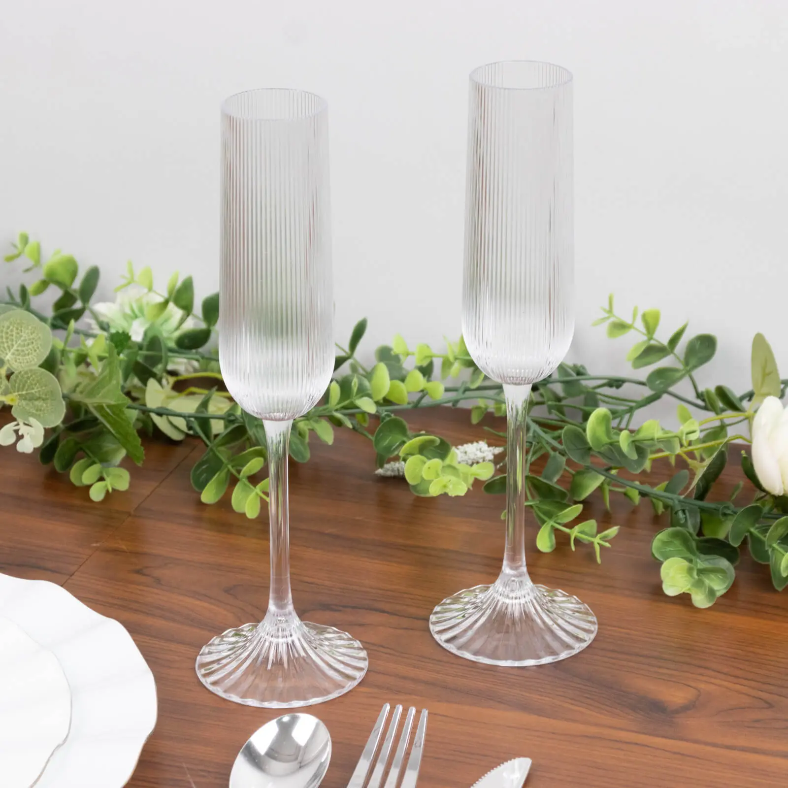 12 Pack 4oz Vintage Ribbed Champagne Flutes Clear – Disposable Plastic Toasting Glasses
