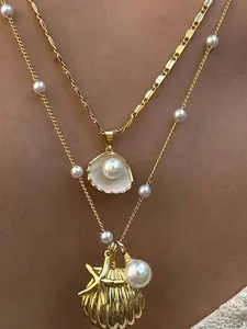 2PCS Women Teens Boho Ocean Layered Necklace Set, Gold Plated Alloy with Faux Pearl, Shell & Starfish Charms, Stacked Choker for Beach, Daily & Vacation, Ideal Birthday/Summer Gift