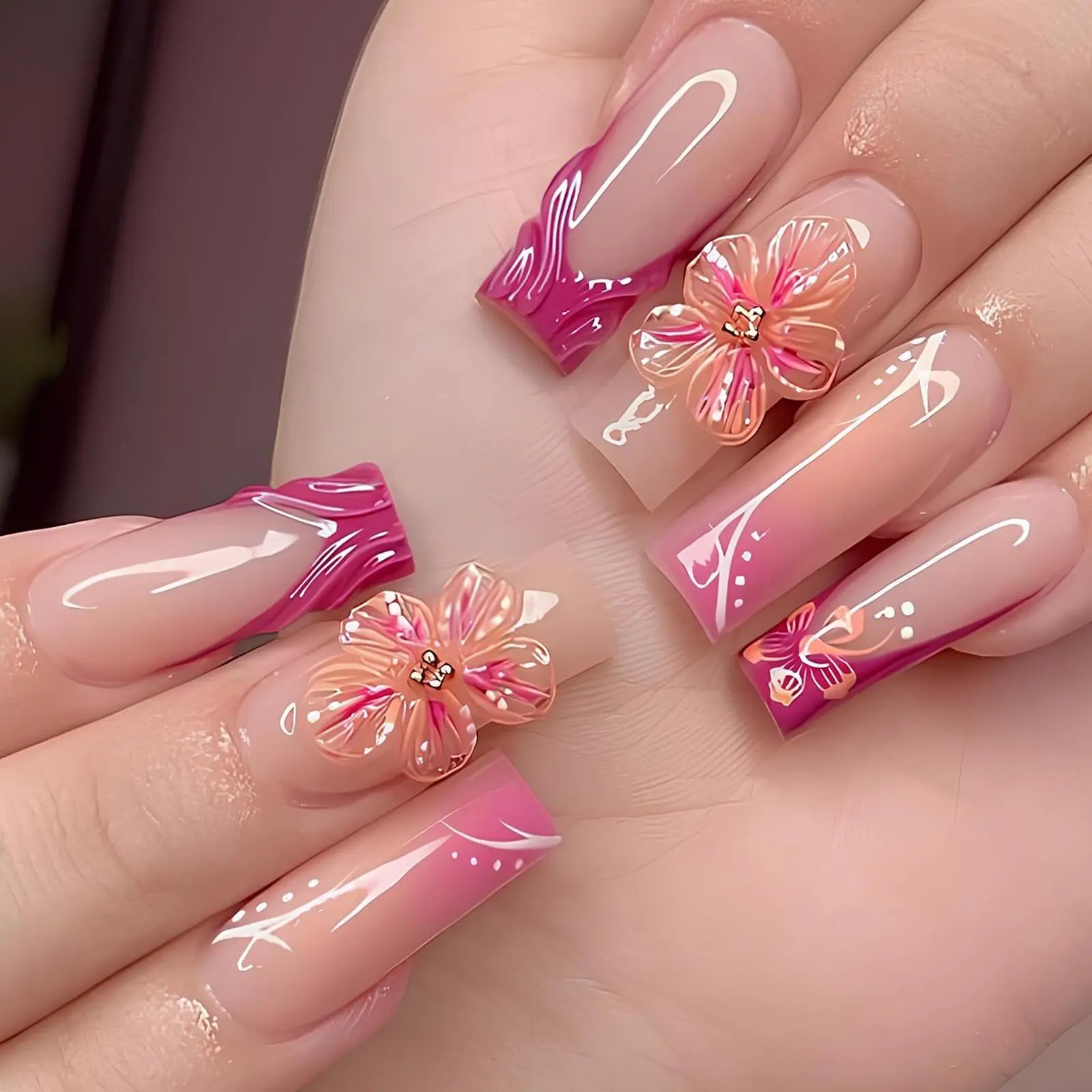 Flower Pattern Fake Nails with Nail File & Tape, Flower Design Nails, Floral Press on Nails, Press on Nails for Women & Girls DIY Nail Art, Elegant Stick on Nails Kit, Nail Set