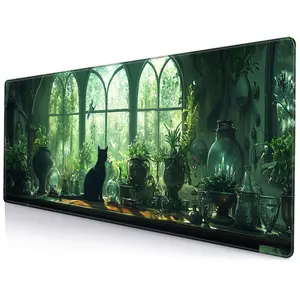 Plant & Cat Pattern Mouse Pad, Large Extended Gaming Mousepad, Desk Keyboard Mat for Home Office, Cute Office Desk Decor, Cute Desk Accessories