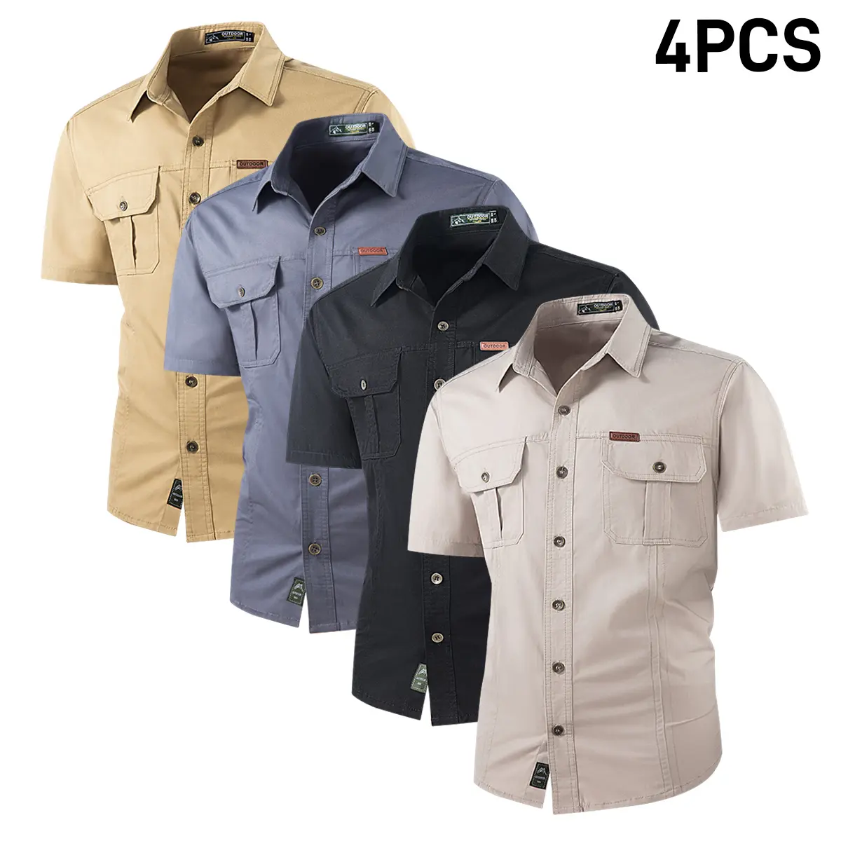 4-Pack Men’s Cotton Short Sleeve Shirts – Lightweight, breathable outdoor casual sports shirts with multiple pockets, suitable for hiking, fishing, and all-season wear; solid color design, durable fabric, sporty style, comfortable material