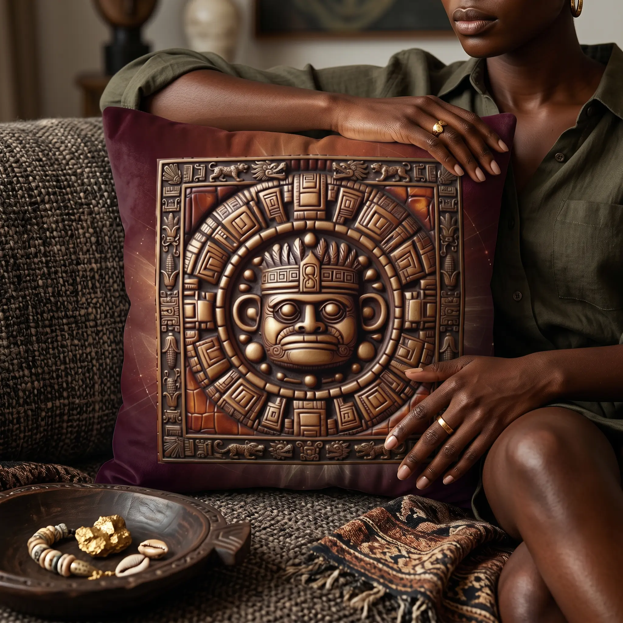 Luxury Mayan God Indigenous Polyester Throw Pillow with Soft Shape-Retaining Insert, Hidden Zipper, Decolonize Theme, Aboriginal Room Decor, Energy Protection, Sacred Space Accent, Luxury Look, Machine Washable