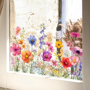 Flower Garden Window Stickers, Wildflower Grass Window Wall Decals, Lily Peony Poppy Floral Window Stickers for Bedroom Living Room TV Office Decor Home Decoration, Floral Pattern Sticker, Decoration Items