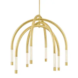 Zeme Large Chandelier With Integrated LED, Etched Cloud Glass, Vintage Polished Brass Finish
