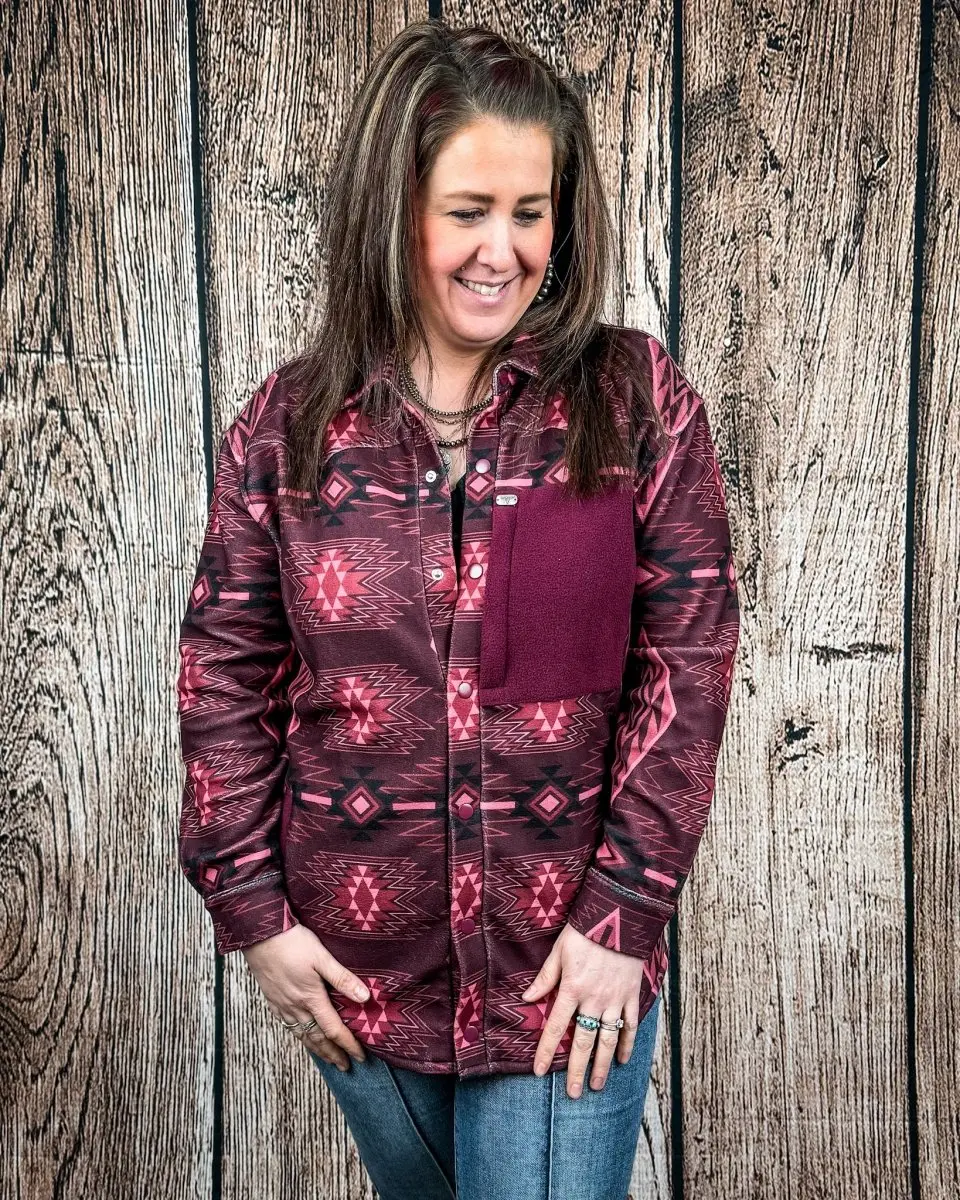 Lucky & Blessed Women's Redstone Ridge Aztec Fleece Shacket, Long Sleeve Top, Denim-Accent Design, Black Color Option, Pairable with Leggings