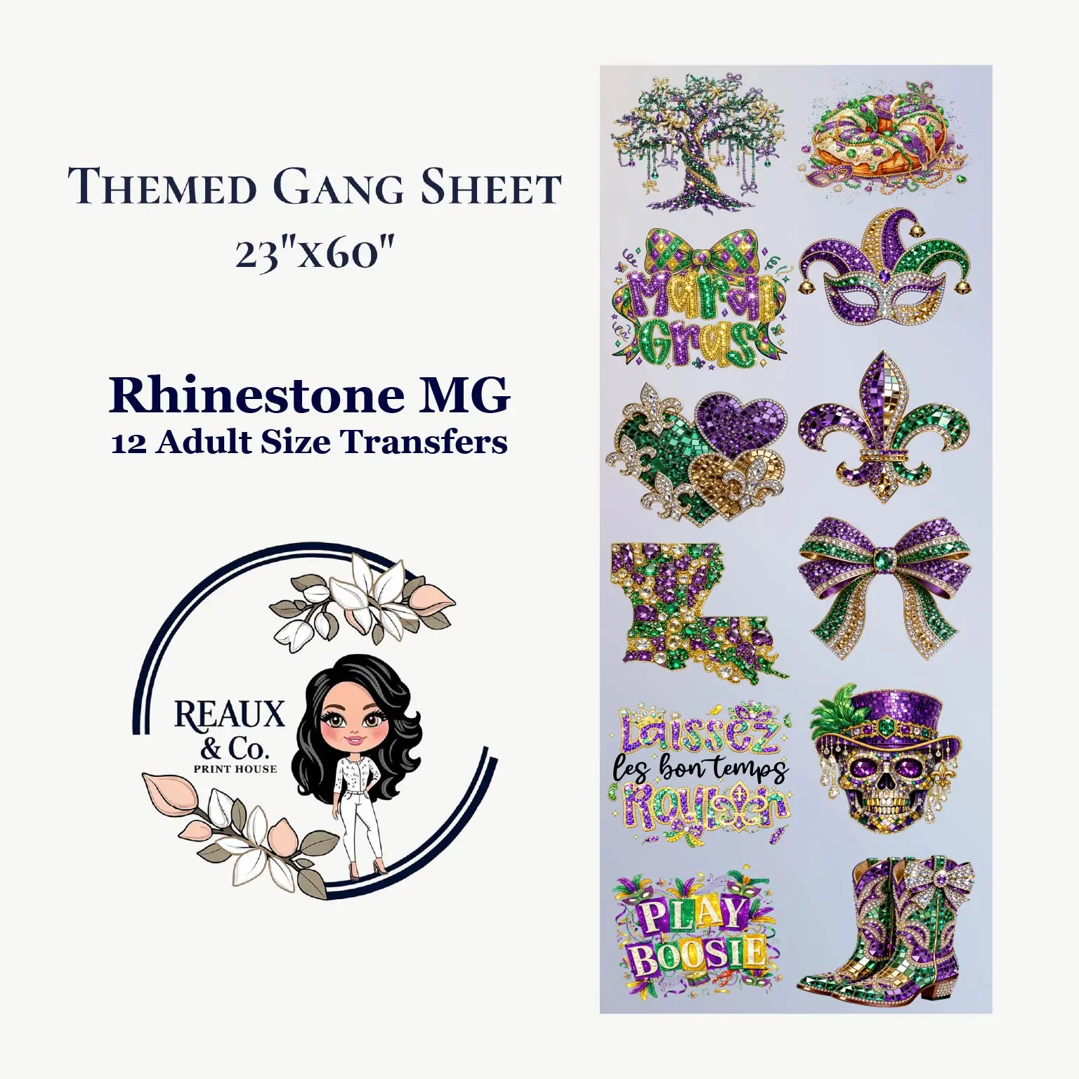 Rhinestone Mardi Gras Themed Gang Sheet 23x60 12 Adult Size Transfers