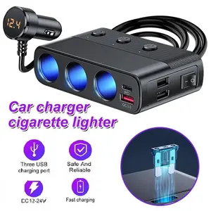 Plug Splitter, 7 In 1 Car Charger Adapter 3 Socket Power 12V/24V, Type-C And QC3.0, 2 USB Charging Ports, Independent Switches, LED Voltage Display, DC Outlet Vehicle Compatibility Fathersdaygift