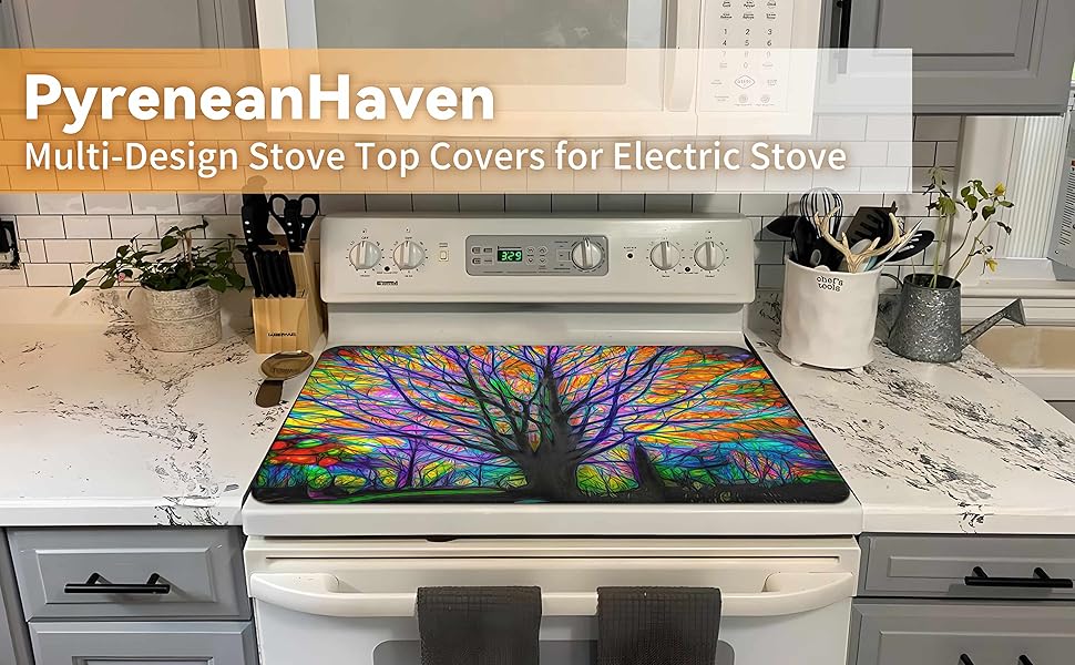 JOYFINITY Decorative Stove Top Covers for Electric Stove – Heat Resistant Glass Cooktop Protector Dish Drying Mat – Non-Slip Rubber Backing Washer Top Cover Waterproof Extra Counter Space (Tree 1)