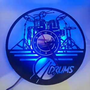 Jazz Drum Theme Vinyl Record Wall Clock with Colorful LED Lights, Practical and Decorative, Home Decor, Perfect for Music Room or Living Room Decoration, Led Wall Clocks