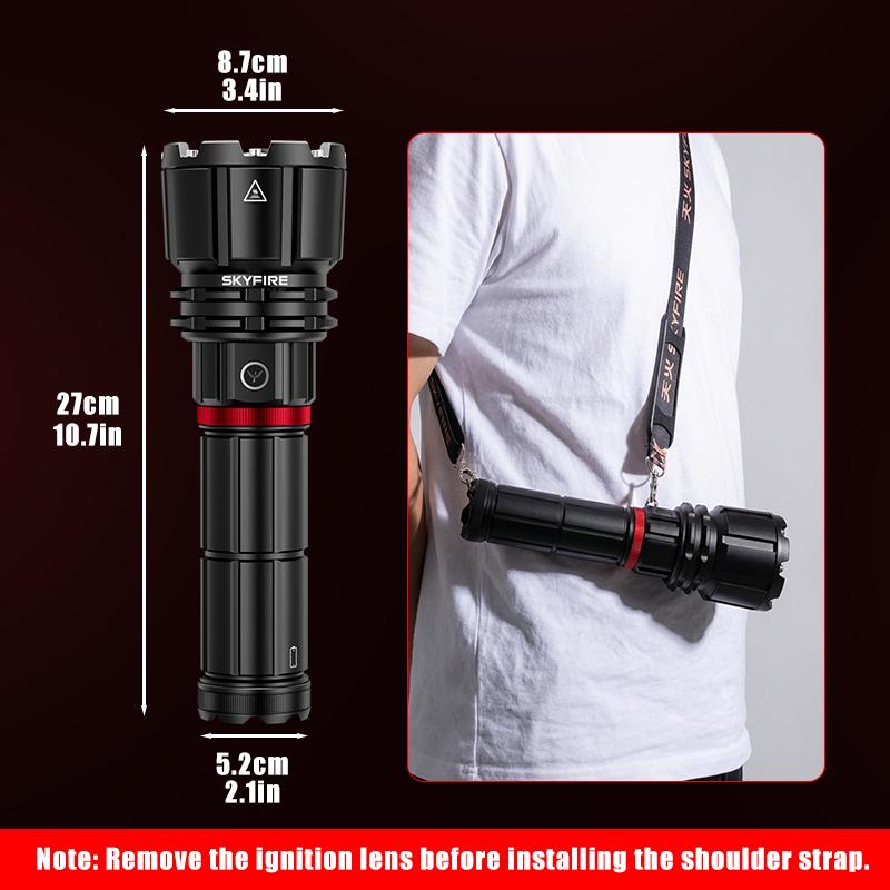 SKYFIRE 3624 lumens, 16000mAh large capacity rechargeable high-brightness 1209 ultra flashlight with shoulder straps, waterproof LED tactical flashlight, suitable for camping, outdoor activities and emergency situations. SKYFIRE 3624 lumens, 16000mAh large capacity rechargeable high-brightness 1209 ultra flashlight with shoulder straps, waterproof LED tactical flashlight, suitable for camping, outdoor activities and emergency situations.