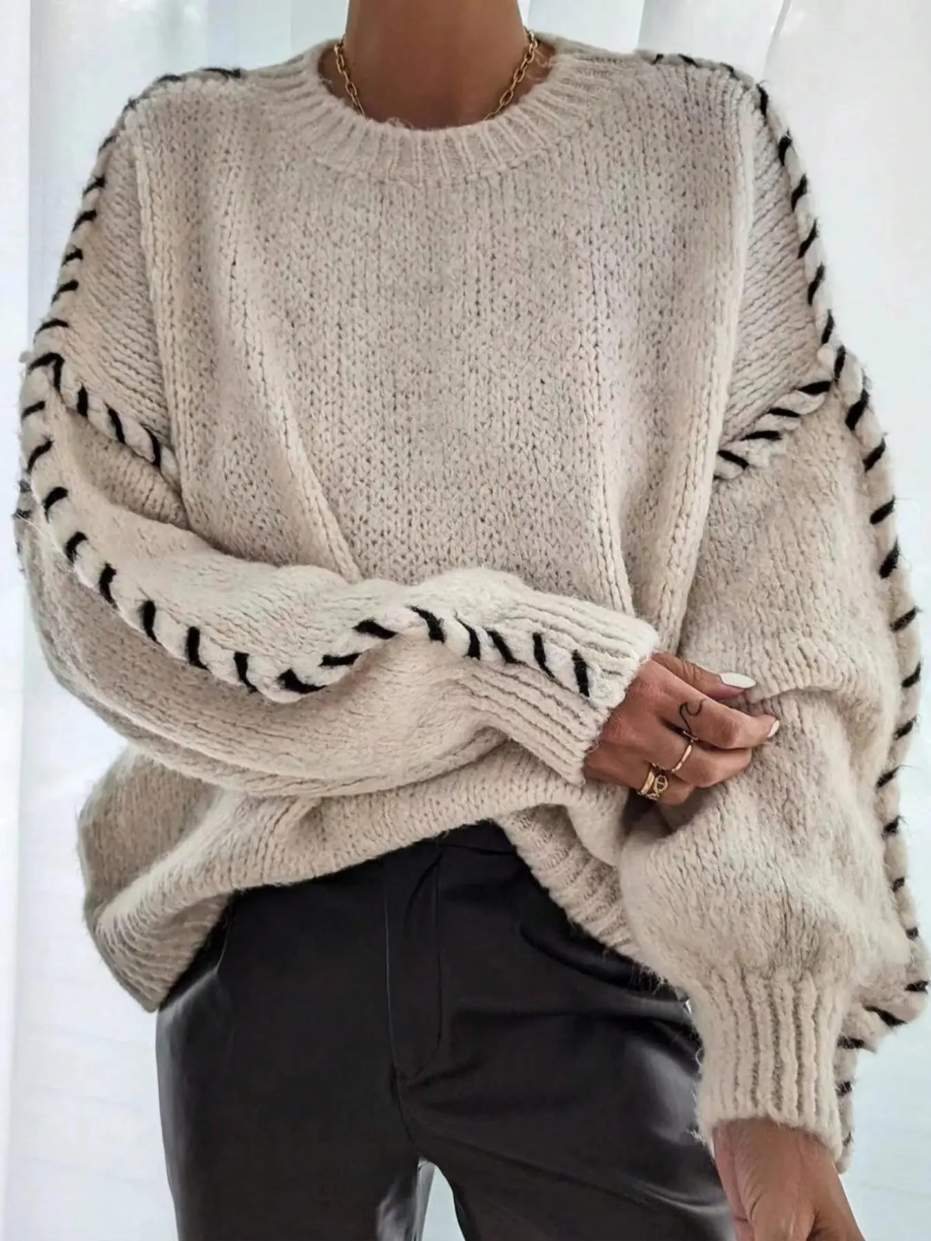 Women's Contrast Binding Drop Shoulder Loose Stretchy Knitting Sweater, Casual Long Sleeve Round Neck Jumper for Fall & Winter, Fashion Ladies' Knitwear for Daily Wear, Womenswear, Tops
