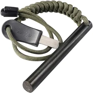 4 Inch Survival Ferrocerium Drilled Flint Fire Starter, Ferro Rod Kit with Paracord Landyard Handle and Striker, 4"(Long) x 3/8"(Diameter)