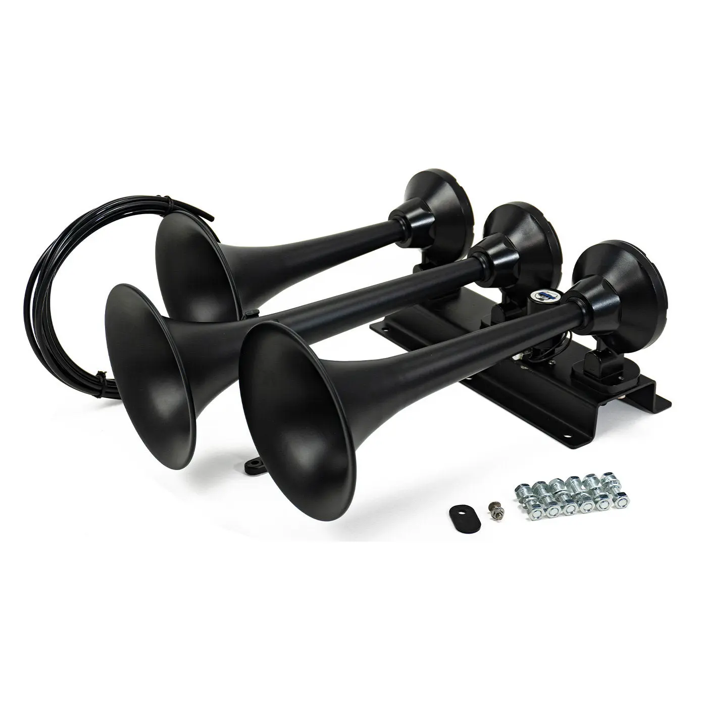 HornBlasters Flatlaw Train Horn | 12-Volt DC | 3-Chime Stealth Black Horn | Pre-Installed Air Valve | Includes 1/4" Air Line & Mounting Hardware | Vehicle Mounted Horn HornBlasters Flatlaw Train Horn | 12-Volt DC | 3-Chime Stealth Black Horn | Pre-Installed Air Valve | Includes 1/4" Air Line & Mounting Hardware | Vehicle Mounted Horn