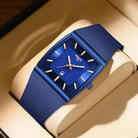NIBOSI Men's Modern Fashionable Square Analog Quartz Wristwatch, Stainless Steel Mesh Strap, Luminous Hands, Date Function, 3ATM Water Guard (30M - 50M), Gift Box & Watch Adjuster Included, Men's Gifts Quartz Watch Set