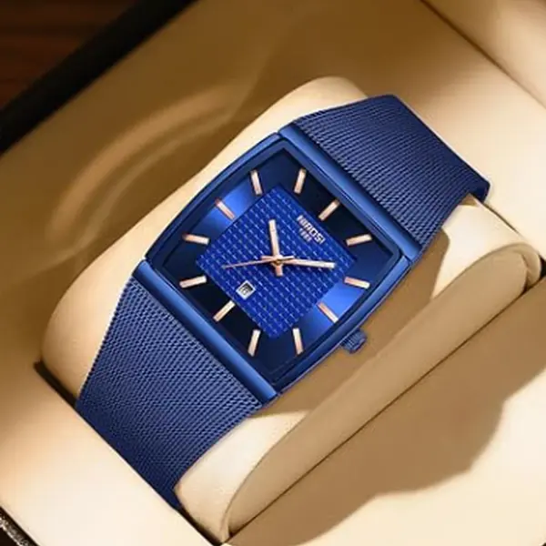 NIBOSI Men's Modern Fashionable Square Analog Quartz Wristwatch, Stainless Steel Mesh Strap, Luminous Hands, Date Function, 3ATM Water Guard (30M - 50M), Gift Box & Watch Adjuster Included, Men's Gifts Quartz Watch Set