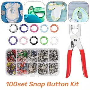 100Pcs Snap Fasteners Tool Kit, Hollow and Solid Metal Snap Buttons with Setting Tools, Manual Copper Punching Set for Sewing Jeans, Clothing, Bags, Leather Crafts (9.5mm) - Home Improvement.