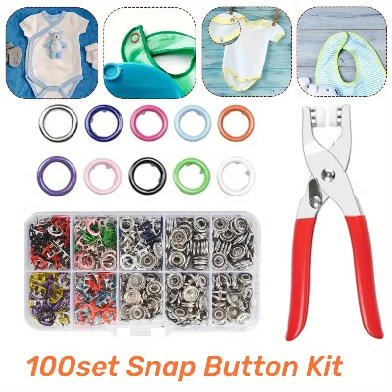100Pcs Copper Metal Snap Fasteners Tool Kit - 9.5mm Solid/Hollow Single Layer Buttons, Button Repair Sewing Pliers, Manual Punching Set with 10 Colors & Easy Storage for Sewing Jeans, Bags, Diy Crafts