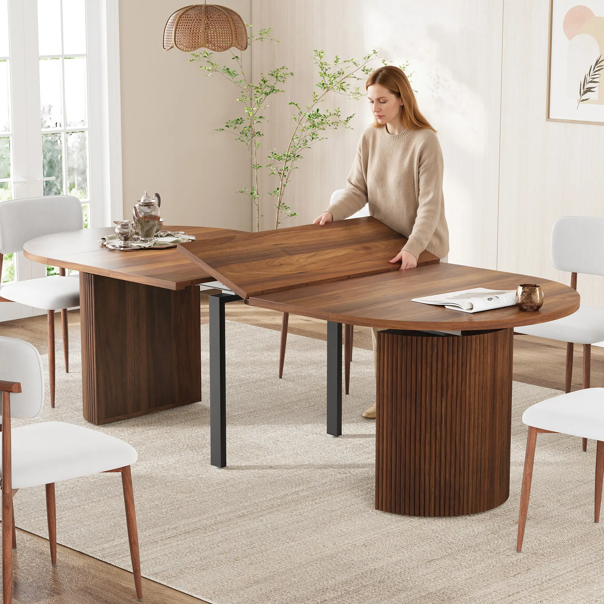 Giratree 41.7"-78.7" Extendable Dining Table, Round to Oval Expandable Kitchen Table with Fluted Base for 4-8 People, Dining Room, Living Room, and Kitchen