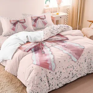 3pcs Bow Bedding Set, Pink Rhinestone Bow Print Duvet Cover, For Family Bedrooms Dormitories Hotels,Residential Quarters High Definition Printing (1 Duvet Cover + 2 Pillowcases No Comforter No Pillow)