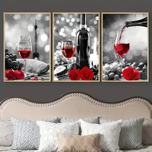3pcs Wooden Frame Kitchen Wine Rose Romantic Decor, Modern Home Decor, Elegant Floral Wall Art for Dining Room, Mdf Material, Made in China